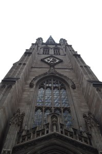 Looking up at the clock on the steeple